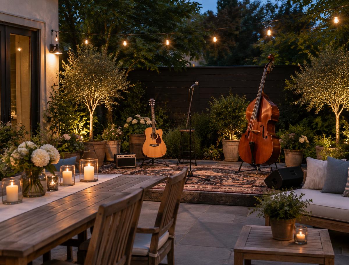 A garden performance area prepared for a live trio