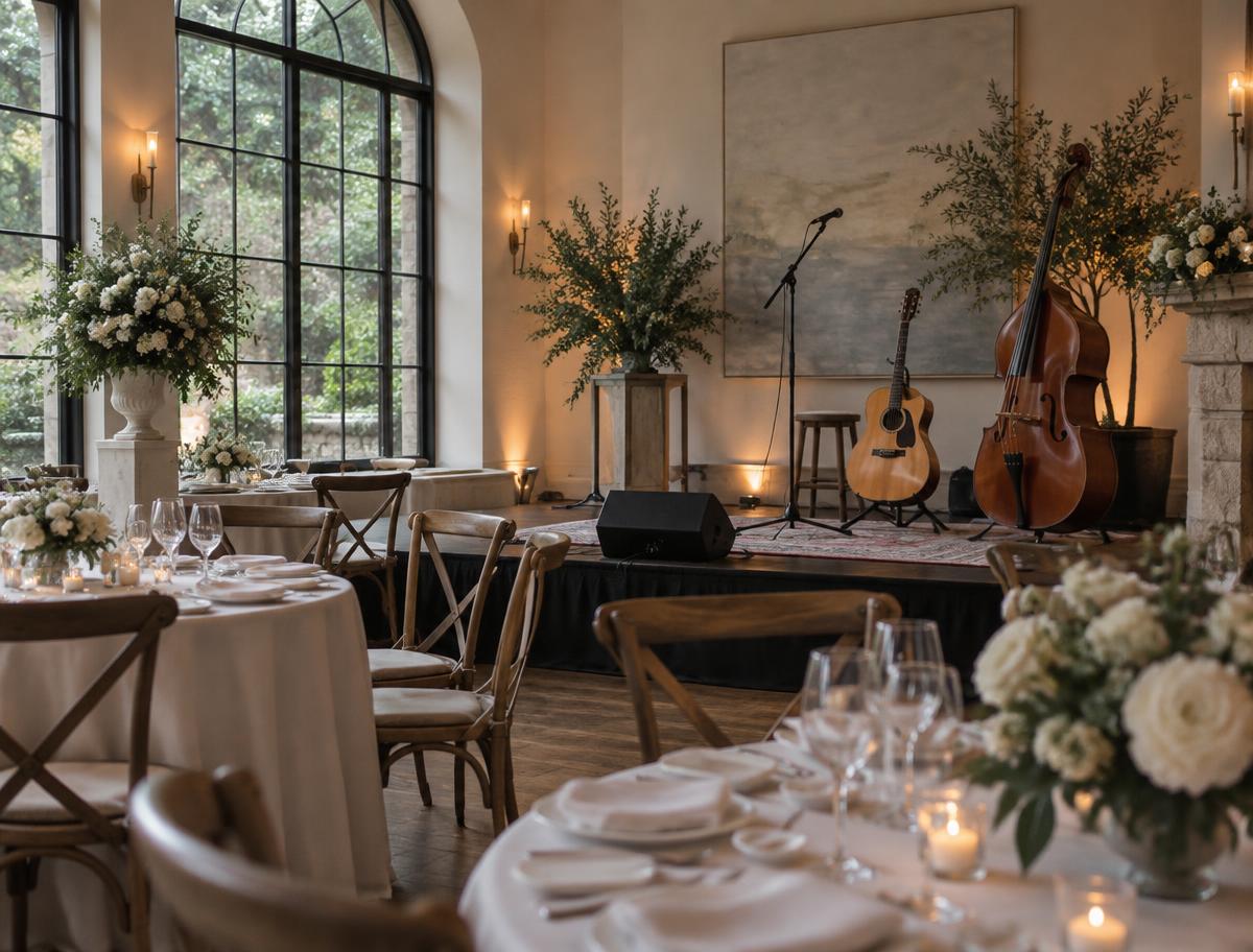 A wedding reception room with a live music stage